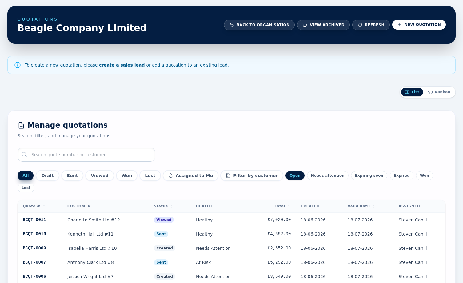 The quotations list showing quote numbers, customers, totals and statuses (draft, sent, viewed, accepted, rejected)