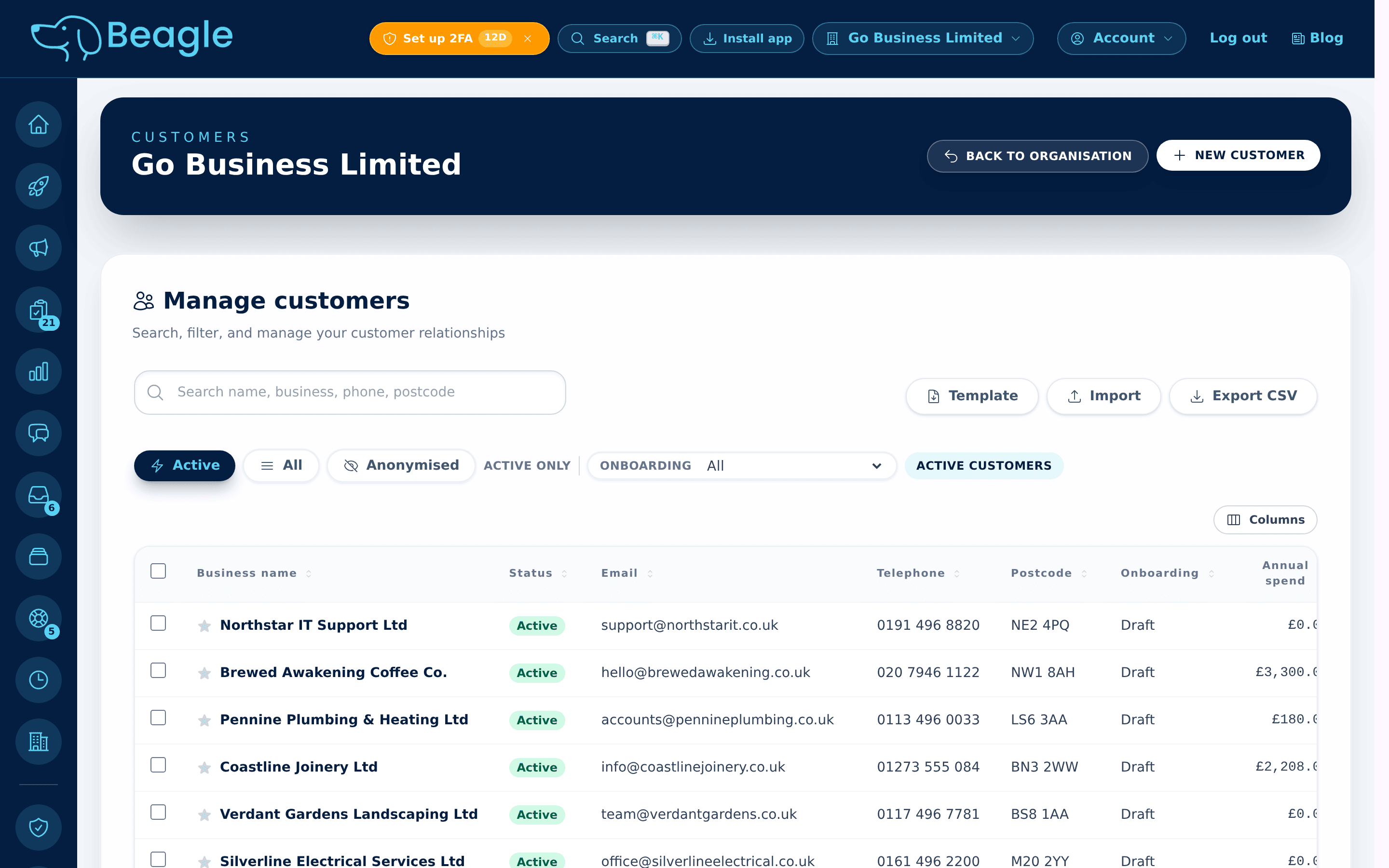Beagle CRM customer list showing UK businesses with status, email, phone, postcode and onboarding stage