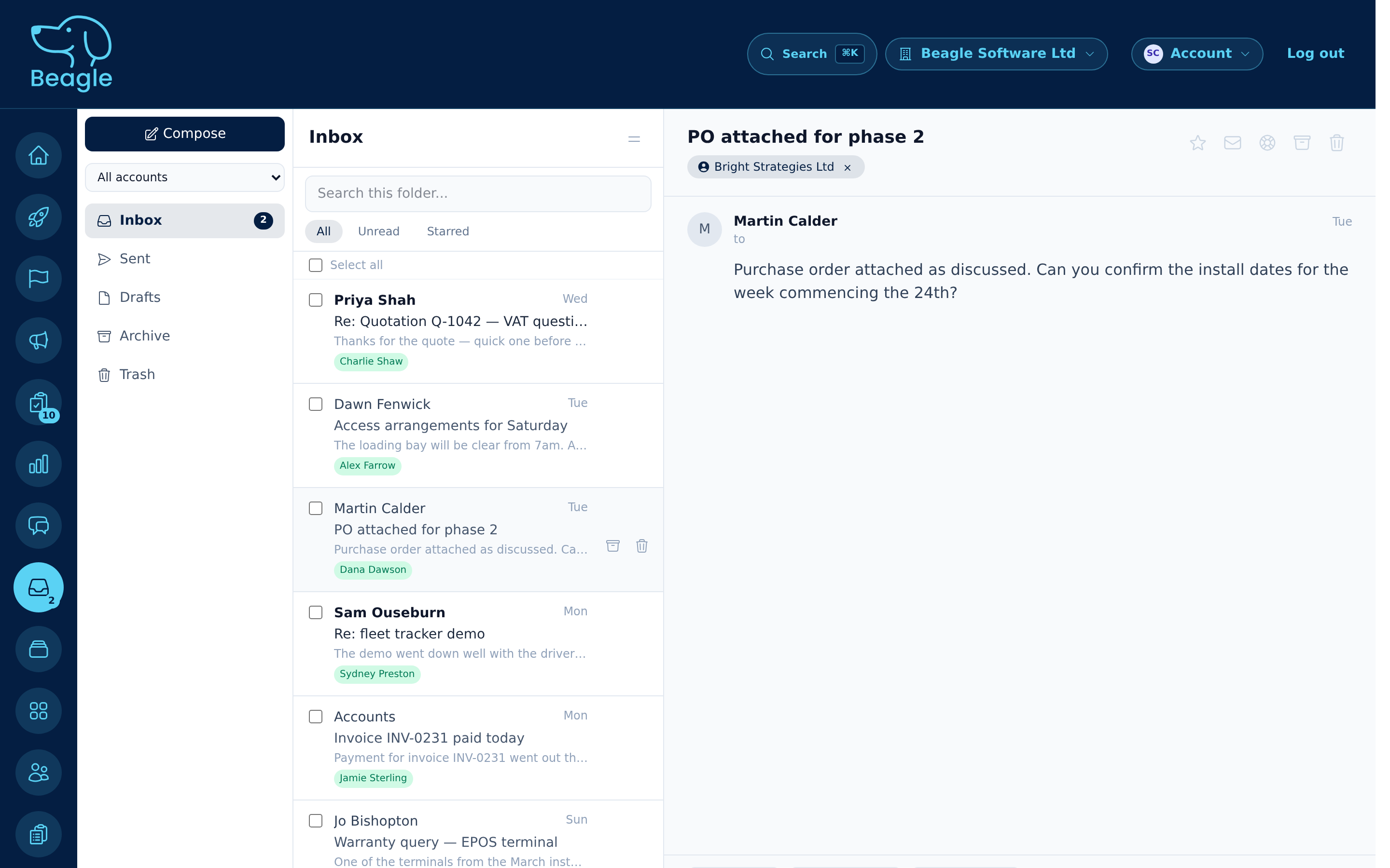 Beagle CRM shared inbox with customer emails linked to their records and a reading pane open