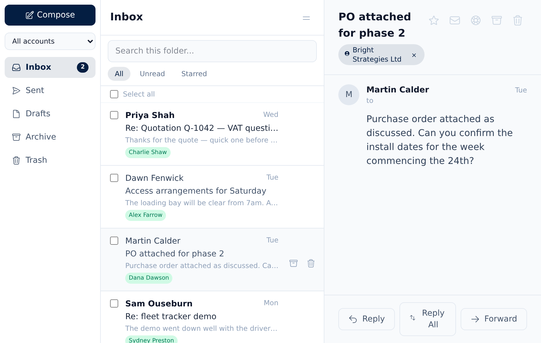 Beagle CRM shared inbox showing customer emails linked to their records with a reading pane open