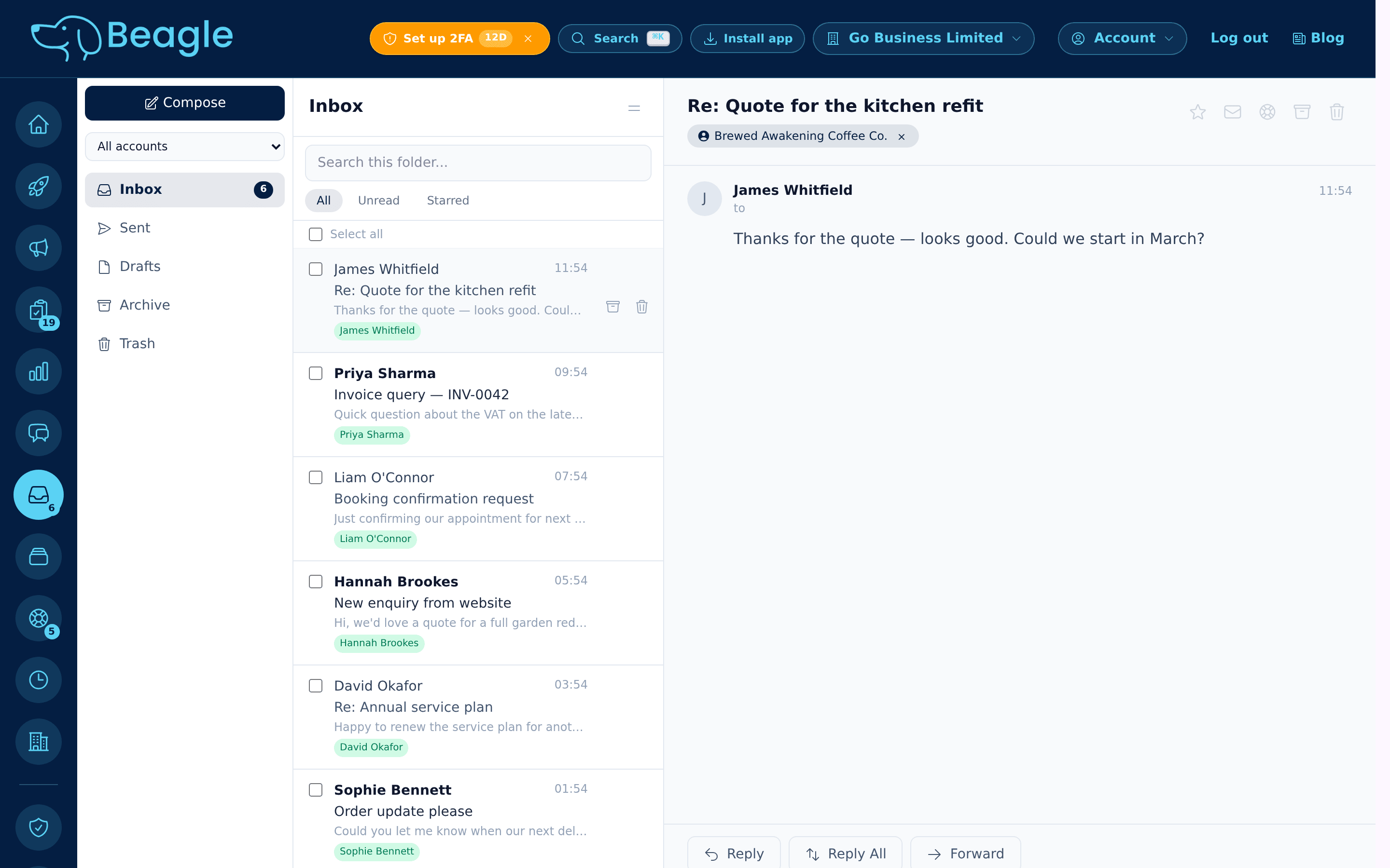 Beagle CRM shared inbox showing customer emails linked to their records with a reading pane open