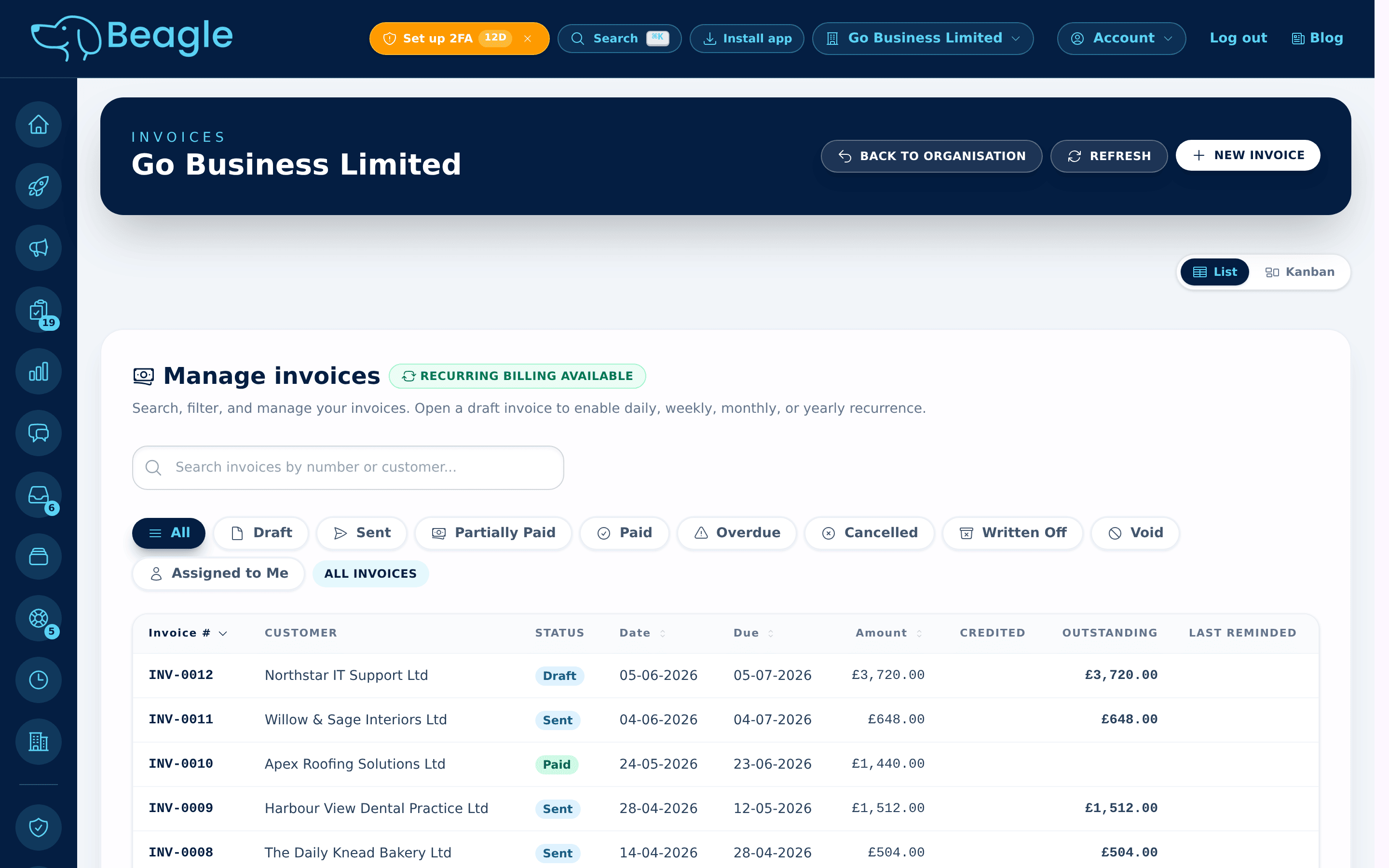 Beagle CRM invoice list showing VAT invoices with draft, sent and paid statuses and outstanding balances