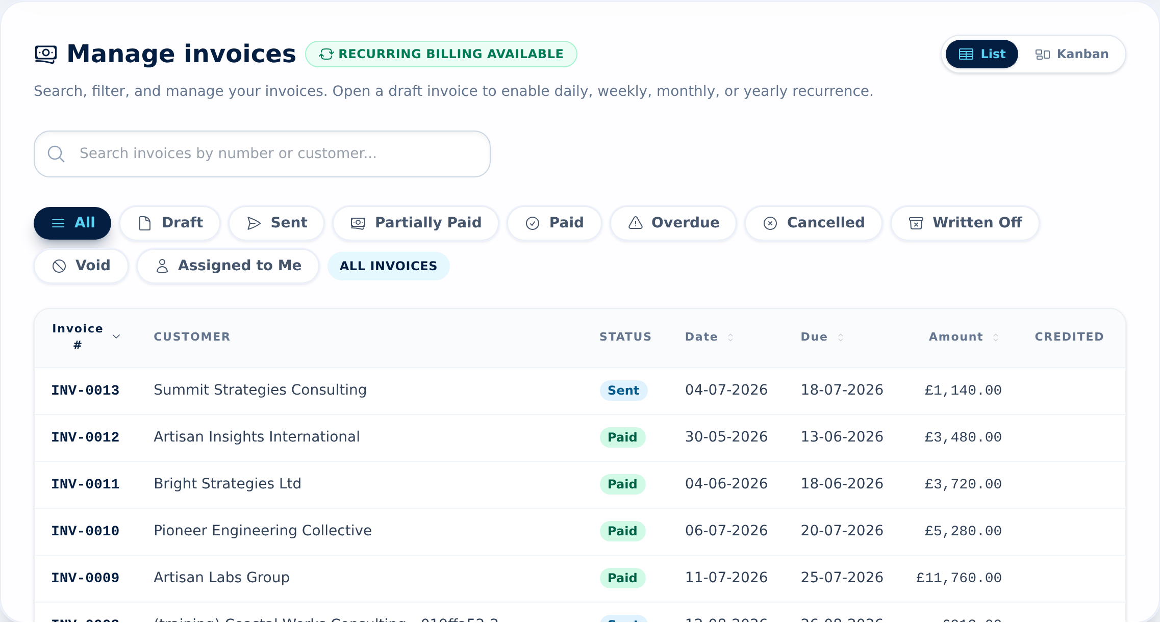 Beagle CRM invoice list showing customer invoices with sent and paid statuses, due dates and amounts