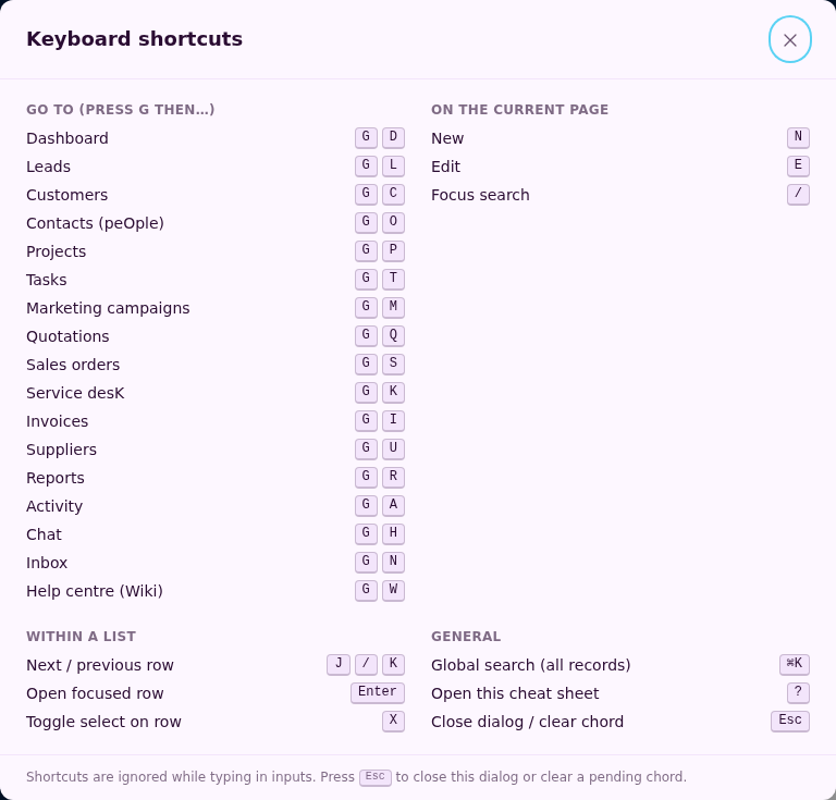 Beagle CRM keyboard shortcuts cheat sheet showing G-chord navigation to every section, on-page actions, list navigation, and global search