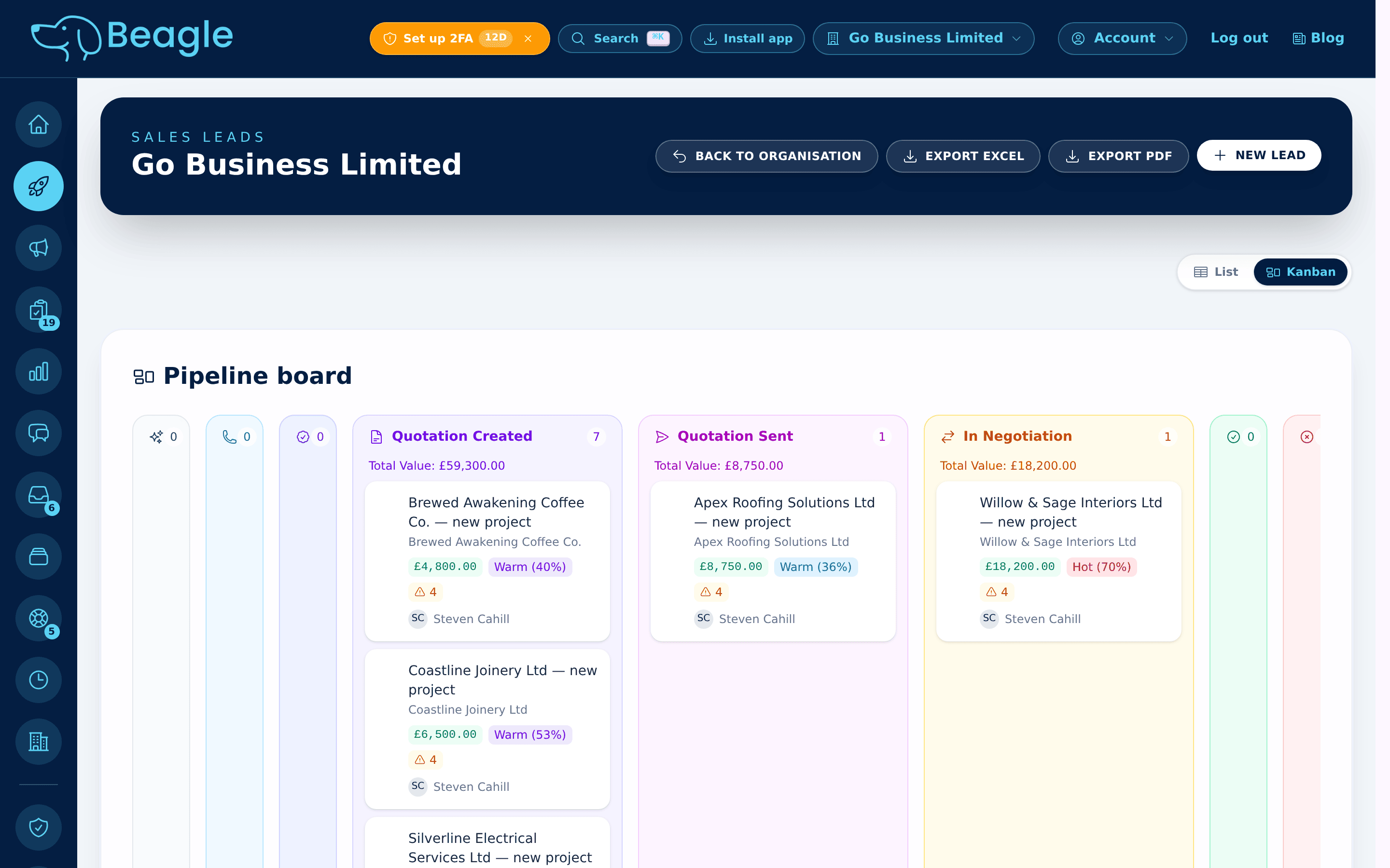 Beagle CRM sales pipeline board showing leads moving from quotation created to negotiation, each with a value and owner