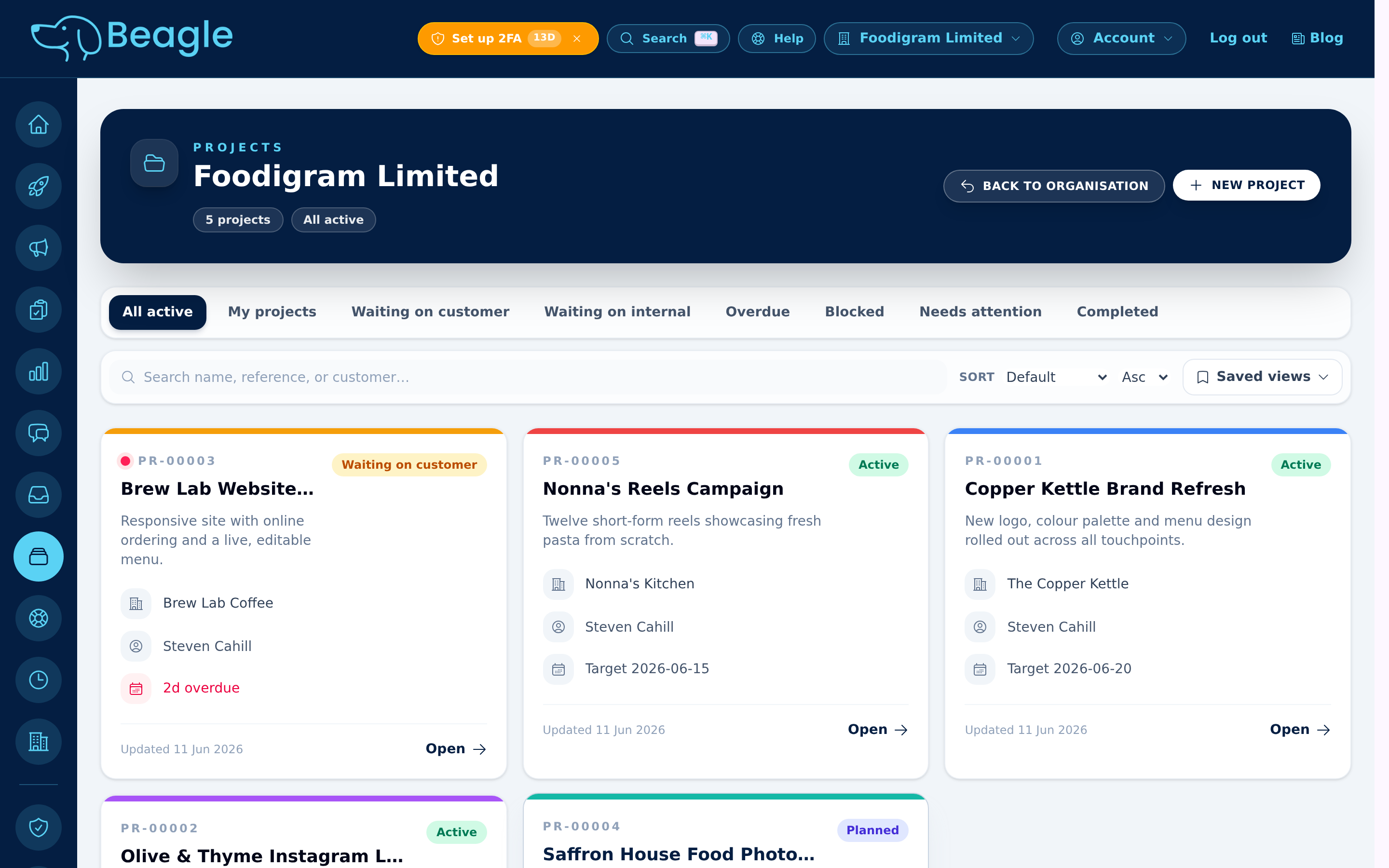 Beagle CRM projects board showing live projects with status badges, owners, customers and target dates