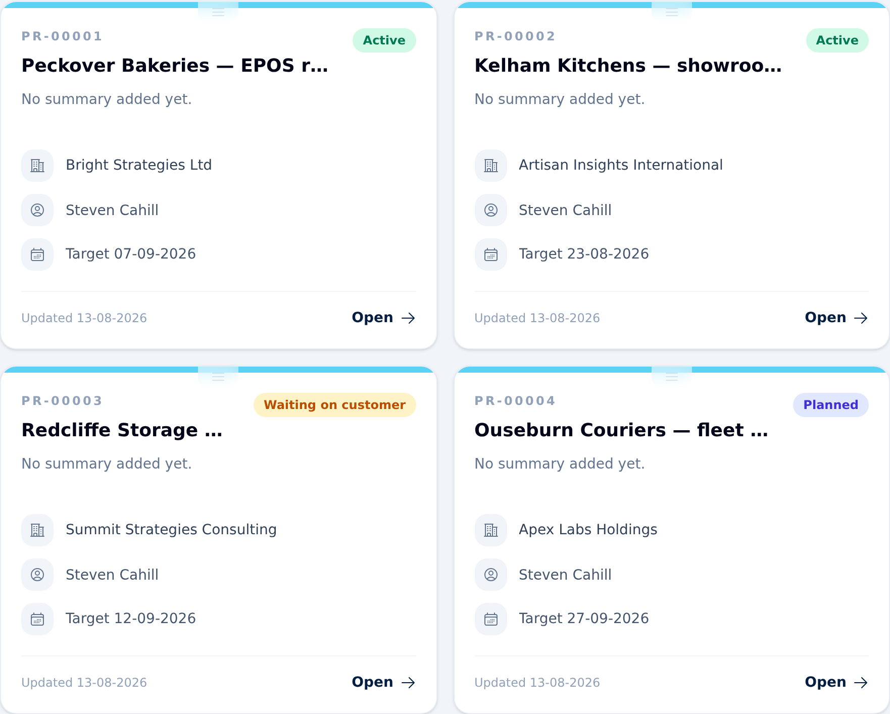Beagle CRM projects board showing live projects with status badges, owners, customers and target dates