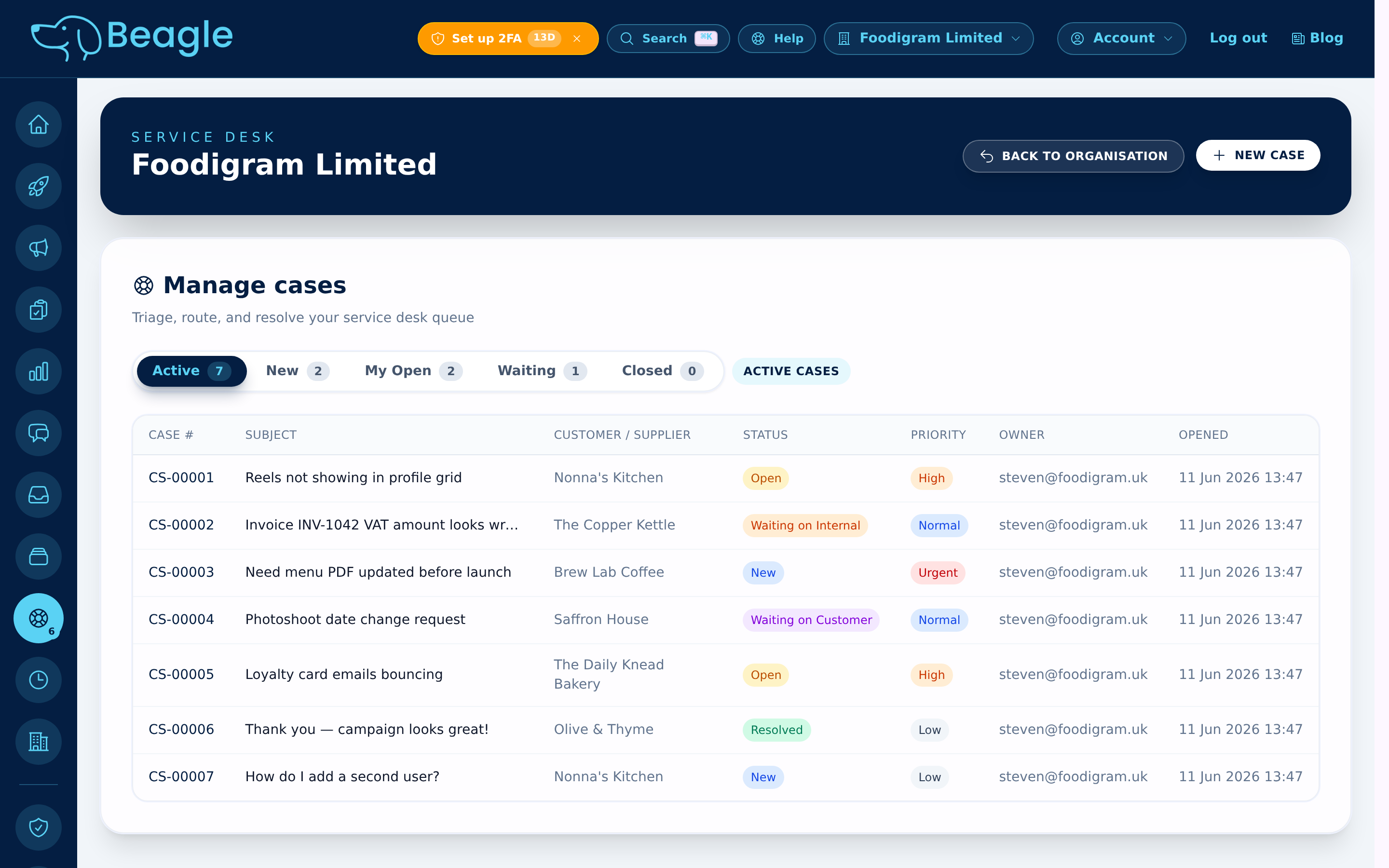 Beagle CRM service desk queue showing support cases with status and priority badges, owners and opened dates