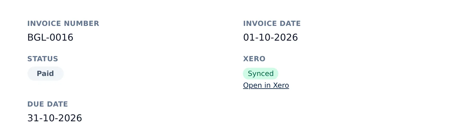 A paid Beagle CRM invoice, BGL-0016, showing its Xero status as Synced with an Open in Xero link